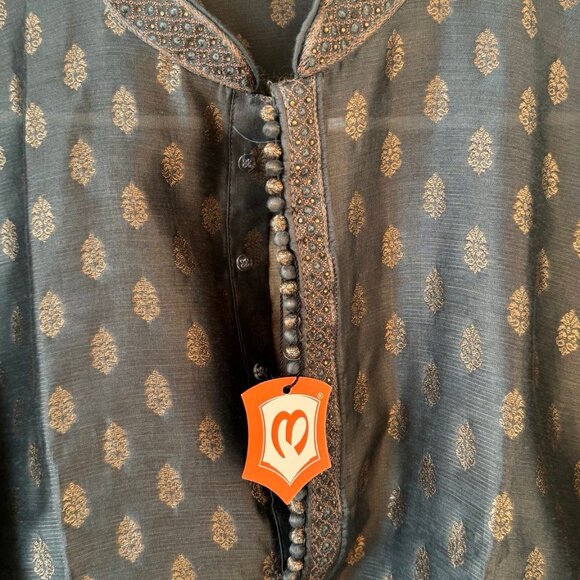 Manyavar Grey Kurta Pajama Set With Golden Motif (sherwani) - Picture 3 of 9